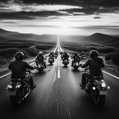 Grupo de motociclistas viajando em uma estrada ao pôr do sol, simbolizando o futuro dos Moto Clubes