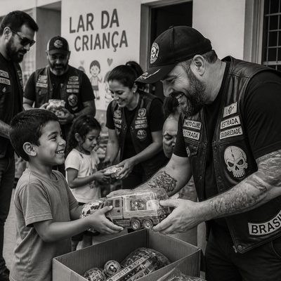 Integrantes de um Moto Clube entregando brinquedos a crianças em uma ação social no Lar da Criança