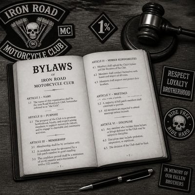 Livro de estatuto de um Moto Clube aberto sobre a mesa, cercado por patches, um martelo de juiz e uma caneta