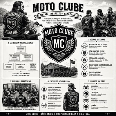 Infográfico sobre o Moto Clube com estrutura organizacional, regras internas, reuniões periódicas, critérios de admissão e valores