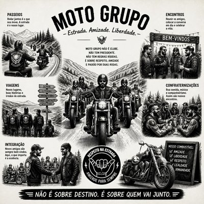 Infográfico sobre o Moto Grupo com passeios, viagens, encontros, confraternizações e integração entre amigos motociclistas