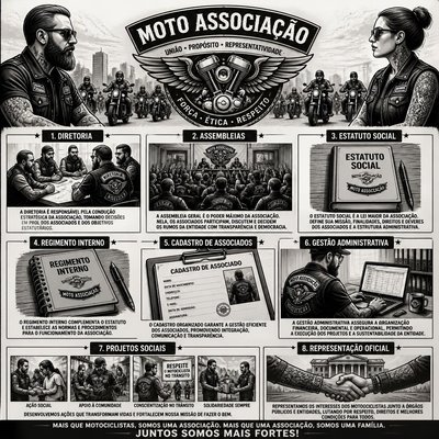 Infográfico sobre a Moto Associação com diretoria, assembleias, estatuto social, regimento interno, cadastro de associados, gestão administrativa, projetos sociais e representação oficial
