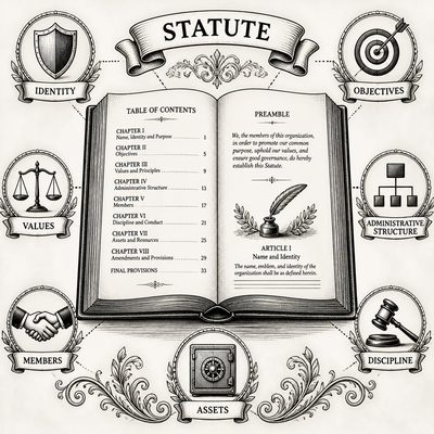Livro aberto com o sumário de capítulos de um estatuto e ícones de identidade, objetivos, valores, estrutura administrativa, integrantes, disciplina e patrimônio