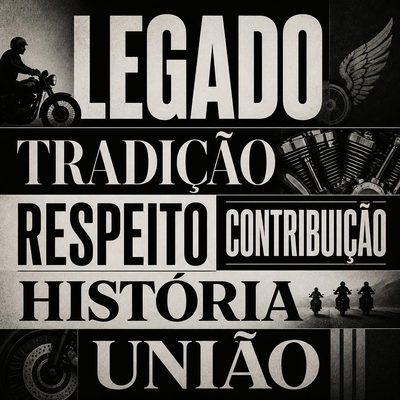 Composição tipográfica com as palavras legado, tradição, respeito, contribuição, história e união ao lado de motocicletas