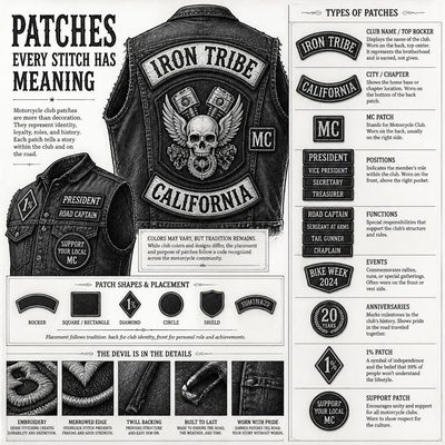 Colete com patches bordados e quadro explicando os tipos de patches usados em Moto Clubes