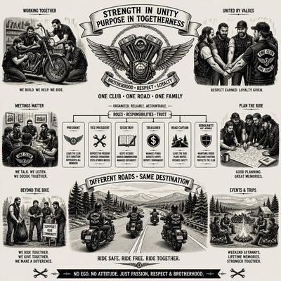 Integrantes de um Moto Clube trabalhando juntos, em reuniões e no planejamento de viagens, ilustrando a organização e as funções do grupo