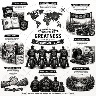 Infográfico com os múltiplos critérios que definem a grandeza de um Moto Clube, como tradição, presença geográfica, eventos e ações sociais