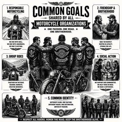 Infográfico em inglês com os objetivos comuns a todas as organizações motociclísticas: motociclismo responsável, amizade, passeios em grupo, ação social e identidade comum