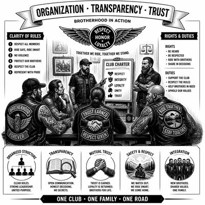 Integrantes de um Moto Clube diante de um quadro com regras, direitos e deveres, representando organização, transparência e confiança