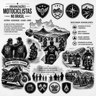 Infográfico sobre as organizações motociclistas no Brasil, com mapa, motociclistas na estrada e símbolos de clubes