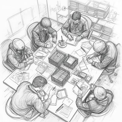 Desenho de integrantes organizando documentos ao redor de uma mesa durante a definição da estrutura inicial do Moto Clube