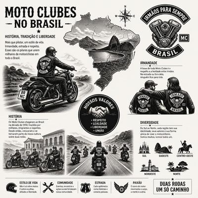 Infográfico Moto Clubes no Brasil com mapa, motociclistas na estrada e valores como respeito, lealdade, liberdade e união