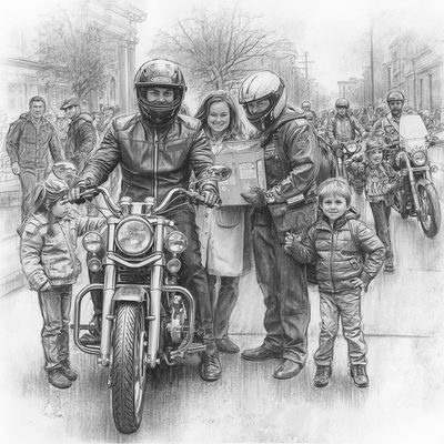 Desenho de motociclistas entregando uma caixa de doações a crianças e moradores, representando a participação na comunidade