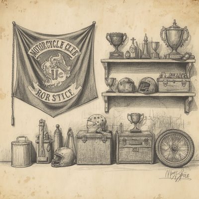 Desenho de bandeira, troféus, capacetes e baús, representando o patrimônio do Moto Clube