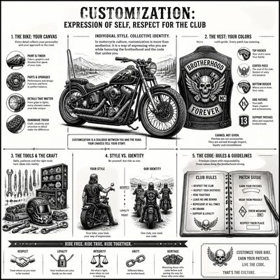 Motocicleta personalizada e colete com patches, ilustrando a personalização com respeito à identidade do Moto Clube
