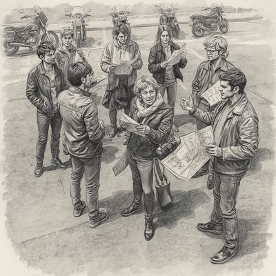 Desenho de motociclistas reunidos em um estacionamento com mapas, planejando as primeiras atividades do Moto Clube