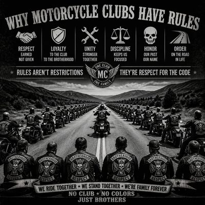 Ilustração com os motivos pelos quais existem regras nos Moto Clubes: respeito, lealdade, união, disciplina, honra e ordem