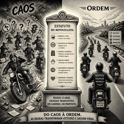 Ilustração em preto e branco comparando o caos sem regras e a ordem com um estatuto, com motociclistas organizados na estrada