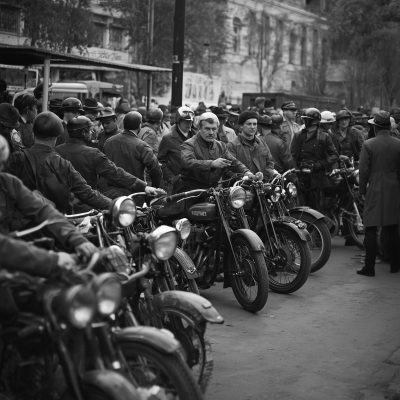 Foto antiga em preto e branco de motociclistas e motocicletas reunidos nos primeiros clubes de motos