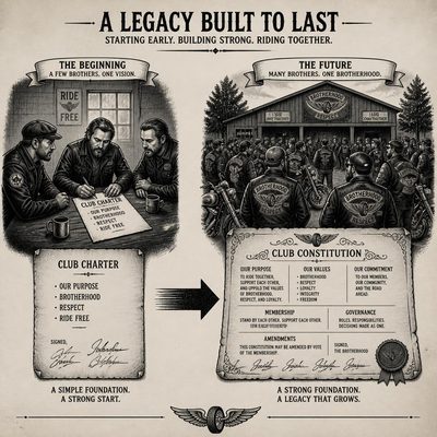 Ilustração de um grupo pequeno elaborando um documento inicial e, ao lado, uma grande organização com seu estatuto, mostrando a evolução do Moto Clube