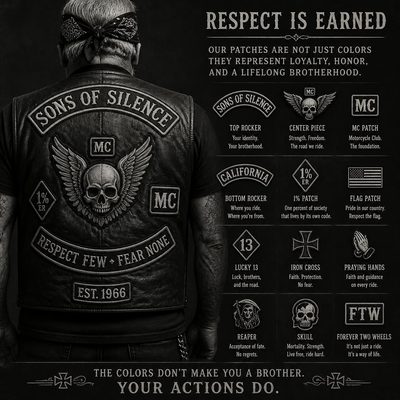 Colete de Moto Clube com escudo, patches e o significado de cada símbolo