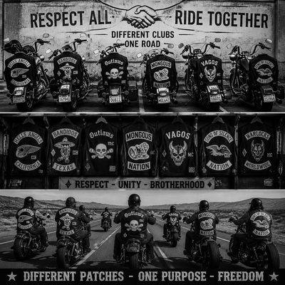 Motocicletas e coletes de diferentes Moto Clubes lado a lado, simbolizando o respeito entre as organizações