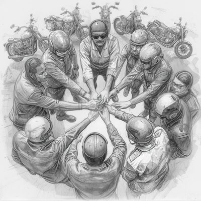 Desenho de motociclistas reunidos em círculo com as mãos unidas, simbolizando valores em comum