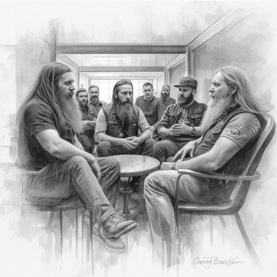 Integrantes de um Moto Clube conversando em reunião ao redor de uma mesa