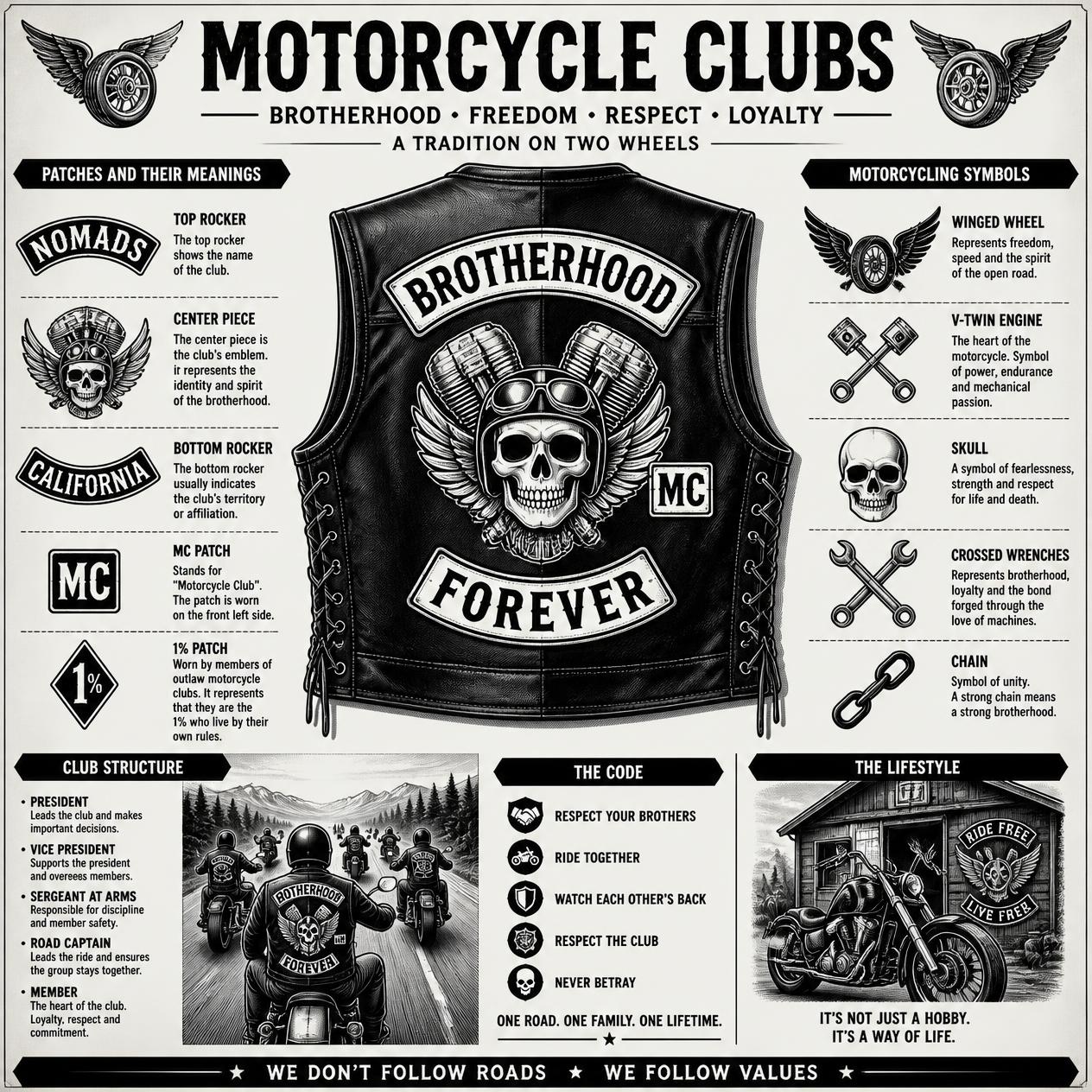Colete de motociclista com escudos e patches representando a identidade visual de um Moto Clube.